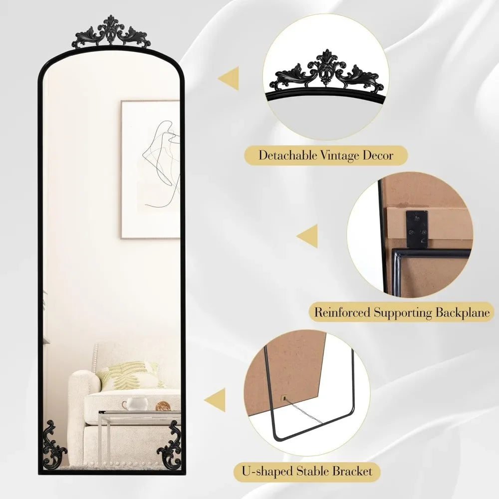Arched Mirror Full Length with Stand, 65" x 21" Black Floor Length Mirror with Carved Metal Frame, Full Body Wall Mirror
