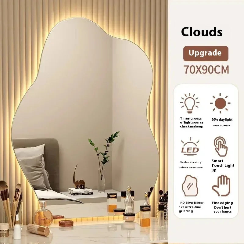 Nordic Irregular LED Mirror Bathroom Wall Living Room Small Light Aesthetic Funky Mirror Bedroom Minimalist Lustro Home Decor