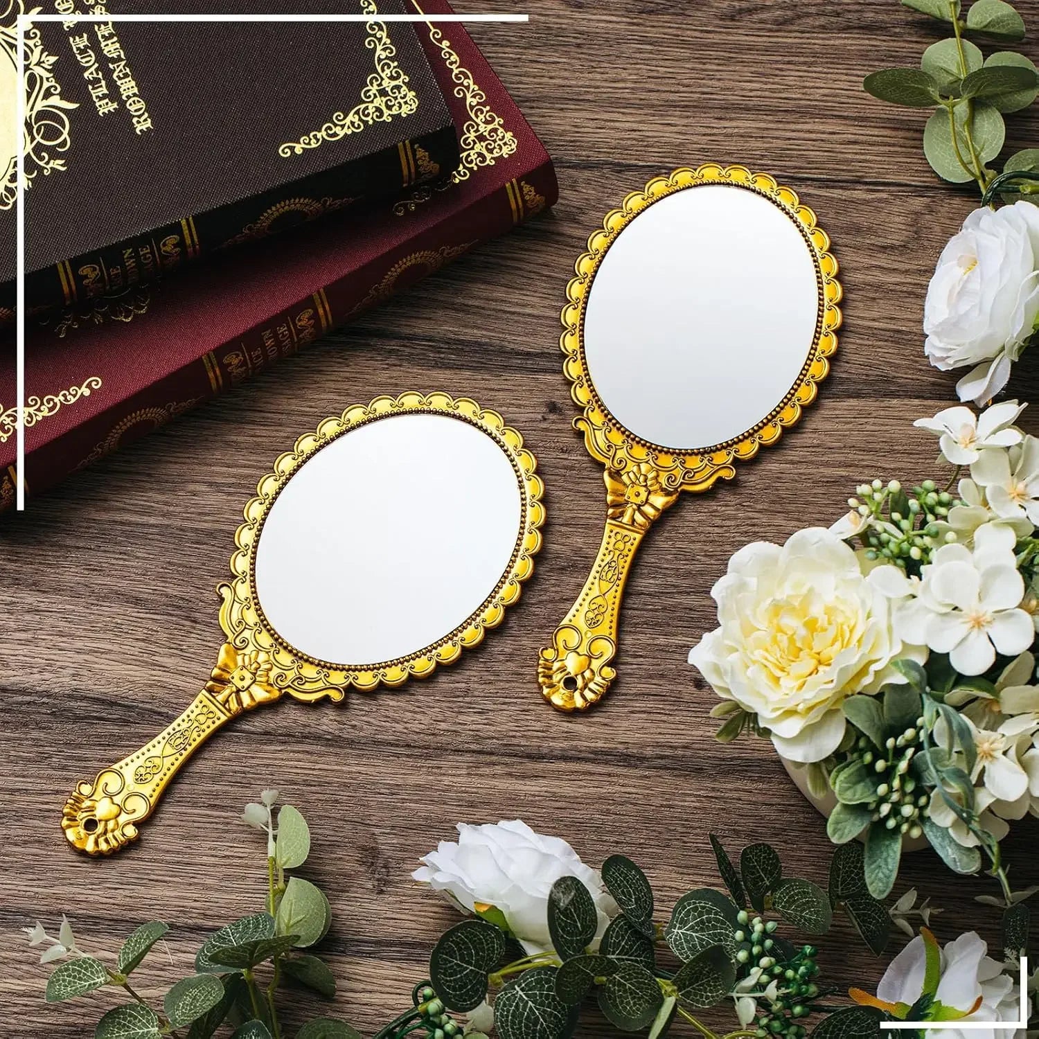 12 Pcs Vintage Handheld Mirror, 9.8" L x 4.5" W Small Gold Embossed Mirror Portable Cute Princess Mirrors Compact Travel Mirror