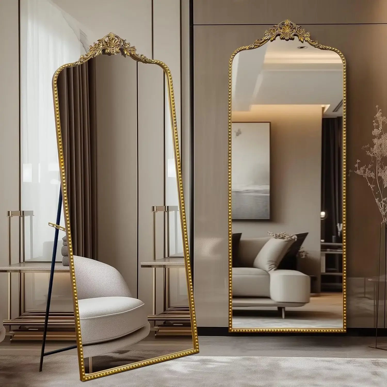 Antique Vintage Ornate Baroque Full Length Floor Mirror, Thick Glass Heavy Duty Full Body Mirror w/Free Standing, Wall-Mounted