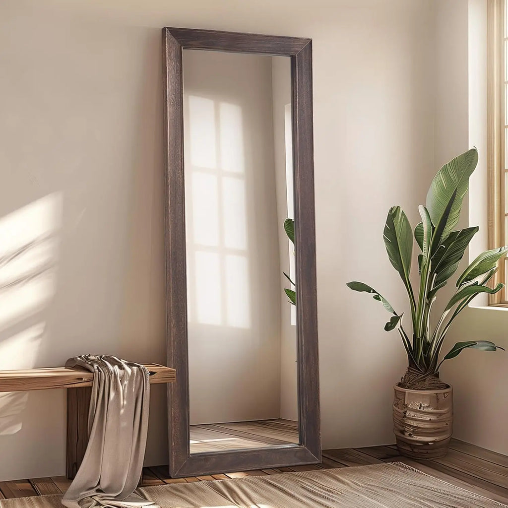 Rustic Farmhouse Full Length Mirror, 64"x21" Wood Frame Floor Mirror, Free Standing Mirror Leaning Hanging Mirror, Long Mirror