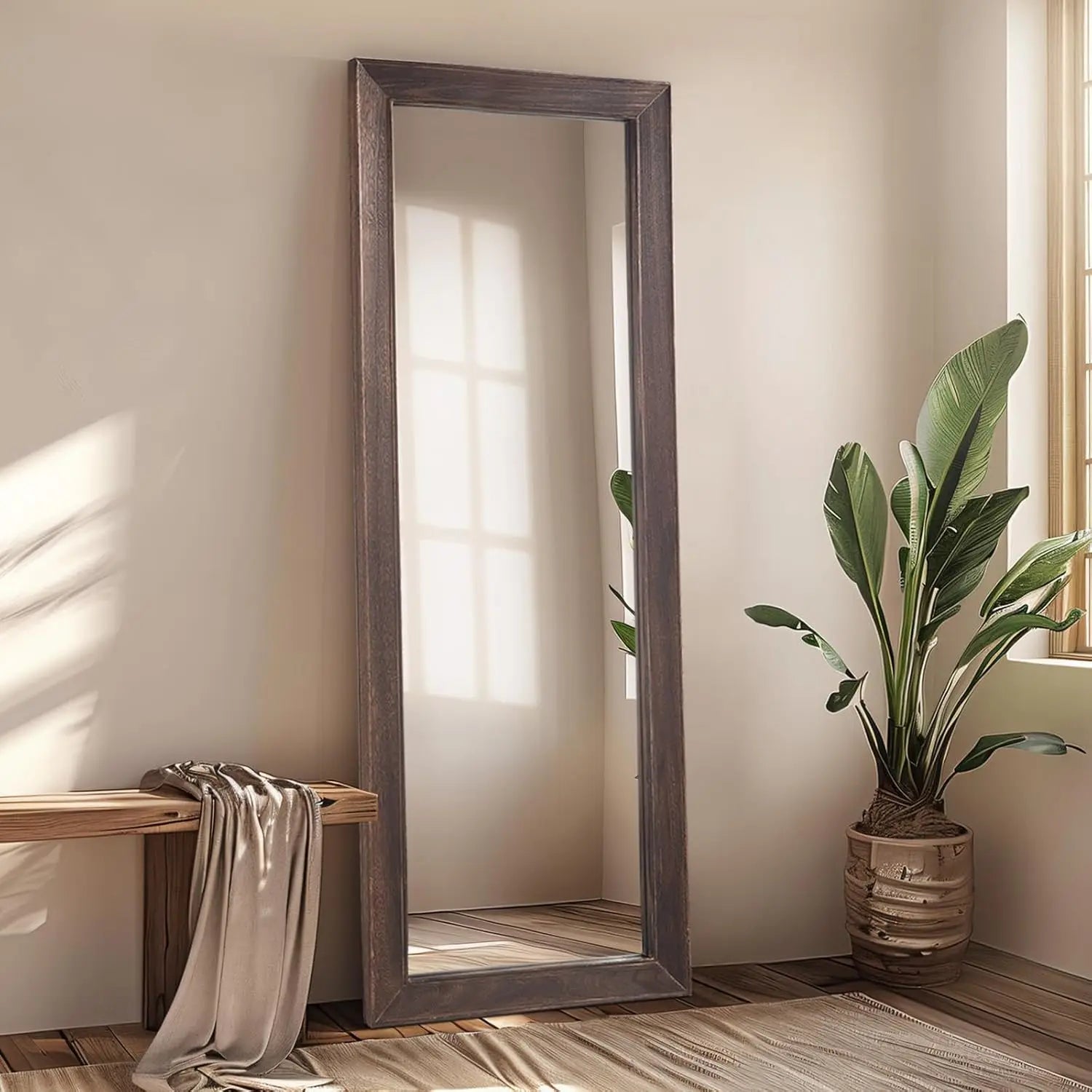 Rustic Farmhouse Full Length Mirror, 64"x21" Wood Frame Floor Mirror, Free Standing Mirror Leaning Hanging Mirror, Long Mirror