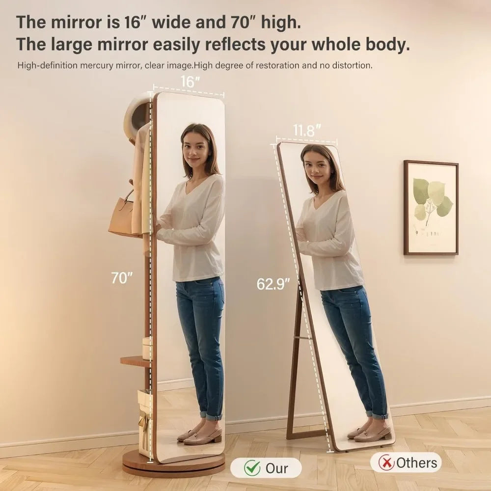 70"x16"Full Length Mirror W Stand,Coat Rack with Mirror,Solid Wood Floor Mirror,Swivel Mirrorfor Bedroom,Living Room,Cloakroom