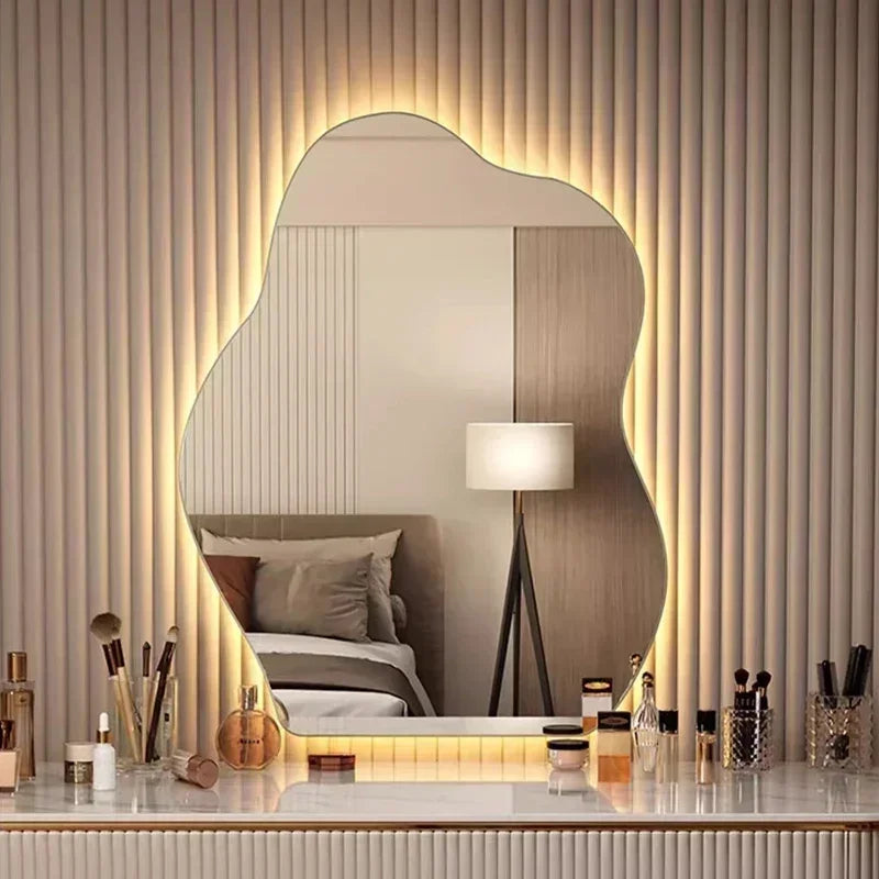 LED Mirror Vanity Wall Mounted Dimmable Touch Sensor Lighted Mirror for Living Room Modern Aesthetic Unique Design Home Decor