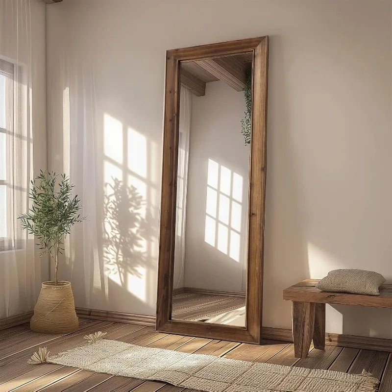 Rustic Farmhouse Full Length Mirror, 64"x21" Wood Frame Floor Mirror, Free Standing Mirror Leaning Hanging Mirror, Long Mirror