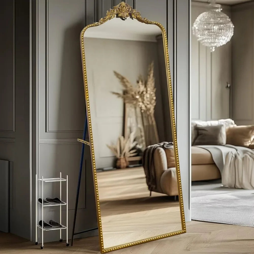 Antique Vintage Ornate Baroque Full Length Floor Mirror, Thick Glass Heavy Duty Full Body Mirror w/Free Standing, Wall-Mounted