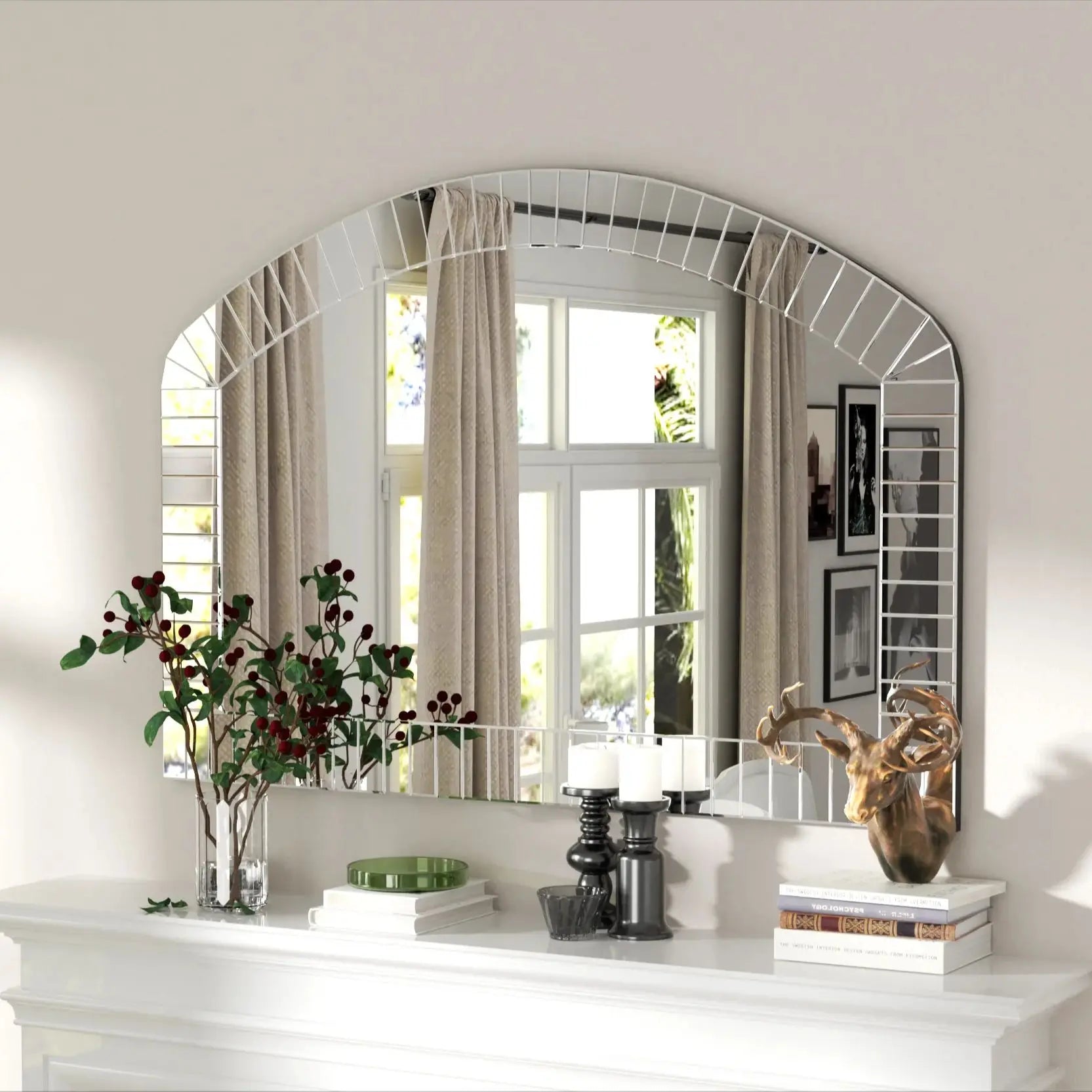 Large Silver Arched Wall Mirror, Silver Glass, Decorative Venetian Accent Mirror, Home Living Room Decor, Bling Beveled Edge