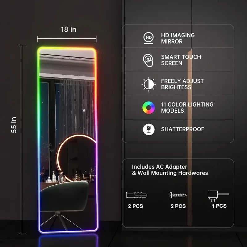 55"x18" LED Full Length Mirror with Stand, Full Body Mirror with Bluetooth Speaker, Light Up Floor Mirror, Wall Mirror Full Size