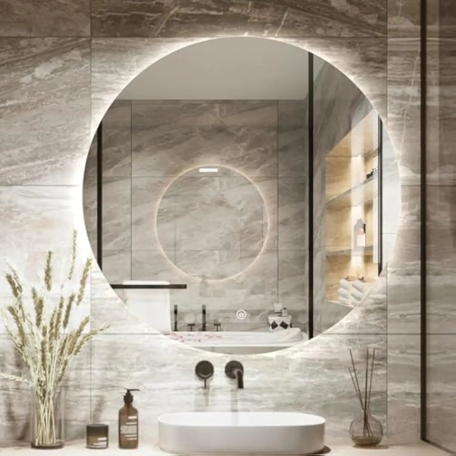 Round Led Bathroom Mirror with Light, 24 Backlit Mirror for Bathroom, Frameless Led Smart Vanity Mirror with 3 Color Lights, a