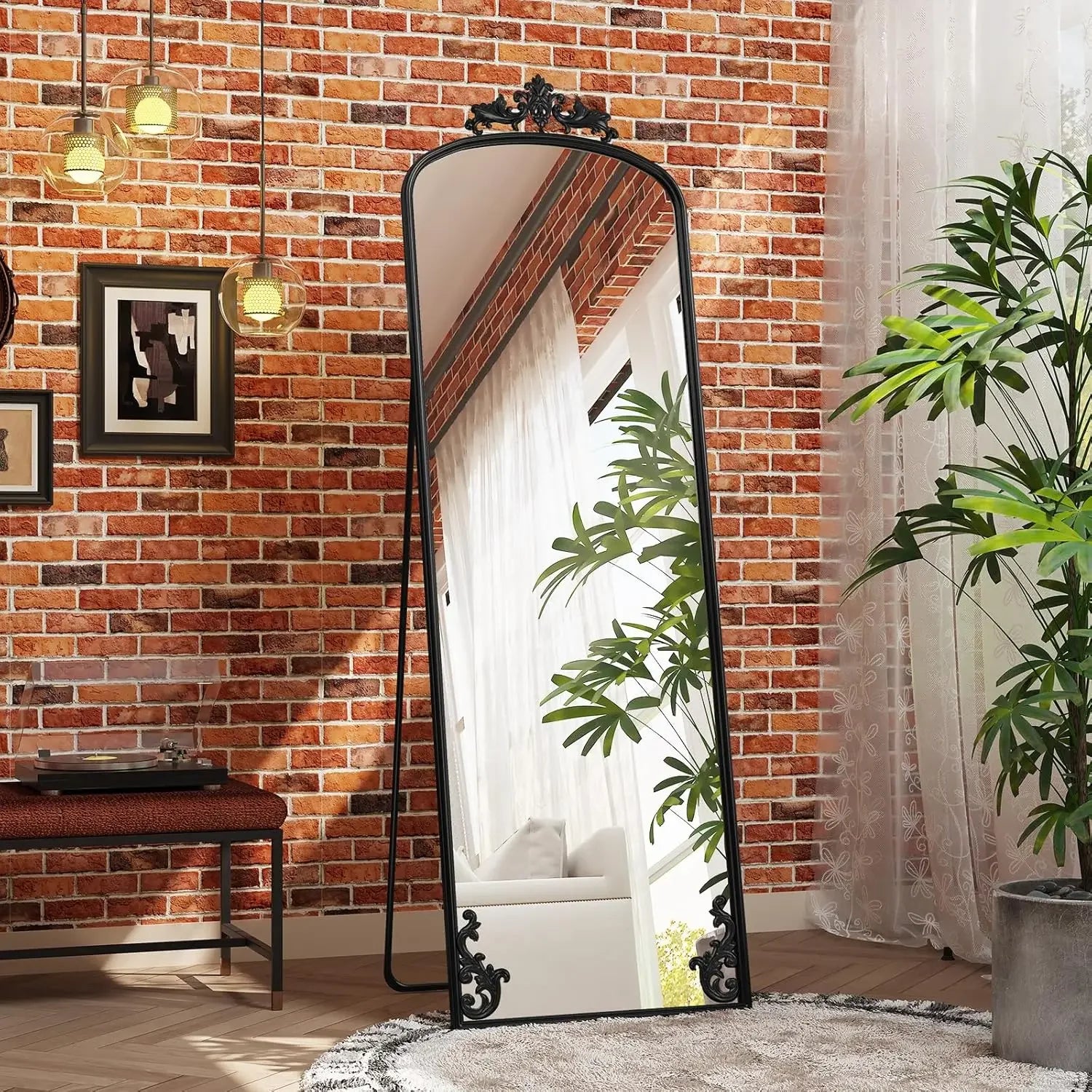 Arched Mirror Full Length with Stand, 65" x 21" Black Floor Length Mirror with Carved Metal Frame, Full Body Wall Mirror