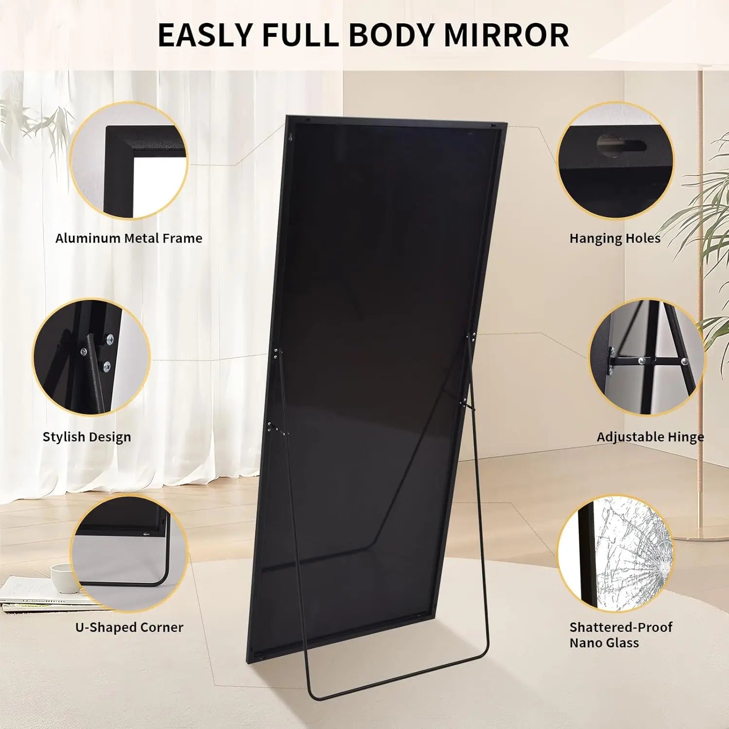 Full Length Mirror with Stand 34"x76" Full Body Mirror Floor Mirror Standing Hanging or Leaning Wall, Wall Mirror with Stand Alu