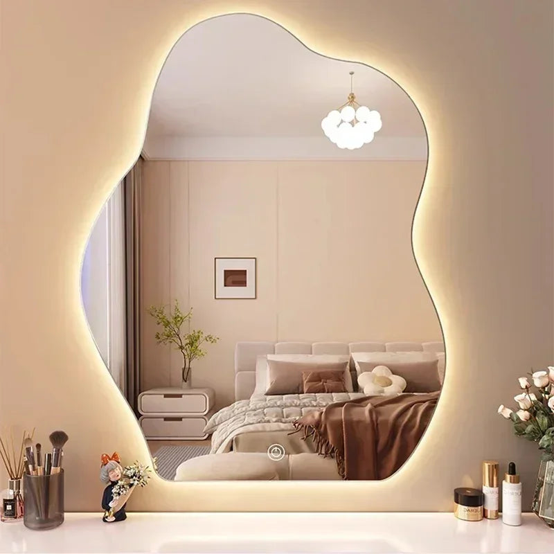 Nordic Irregular LED Mirror Bathroom Wall Living Room Small Light Aesthetic Funky Mirror Bedroom Minimalist Lustro Home Decor