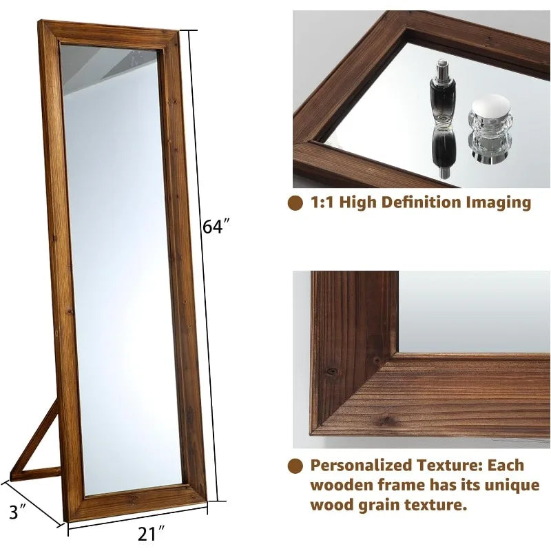 Rustic Farmhouse Full Length Mirror, 64"x21" Wood Frame Floor Mirror, Free Standing Mirror Leaning Hanging Mirror, Long Mirror