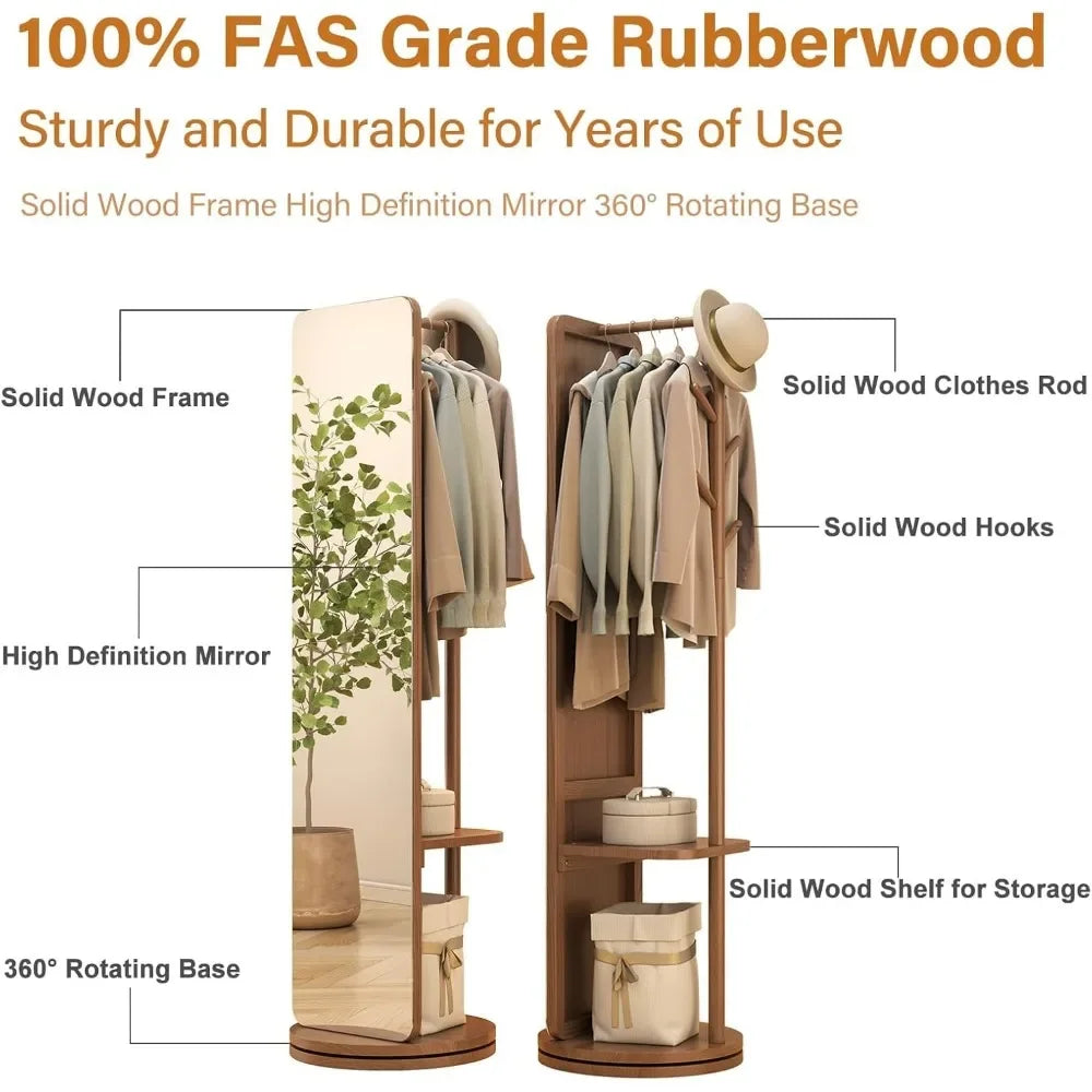 70"x16"Full Length Mirror W Stand,Coat Rack with Mirror,Solid Wood Floor Mirror,Swivel Mirrorfor Bedroom,Living Room,Cloakroom
