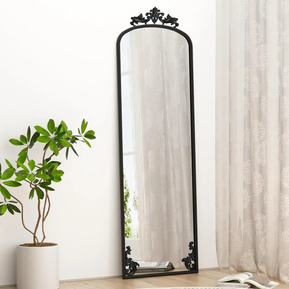 Arched Mirror Full Length with Stand, 65" x 21" Black Floor Length Mirror with Carved Metal Frame, Full Body Wall Mirror