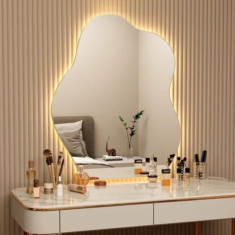 Nordic Irregular LED Mirror Bathroom Wall Living Room Small Light Aesthetic Funky Mirror Bedroom Minimalist Lustro Home Decor