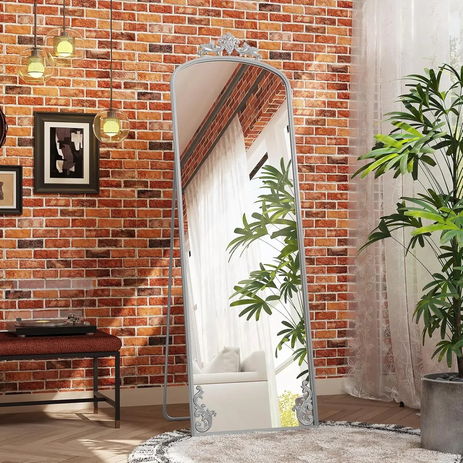 Arched Mirror Full Length with Stand, 65" x 21" Black Floor Length Mirror with Carved Metal Frame, Full Body Wall Mirror