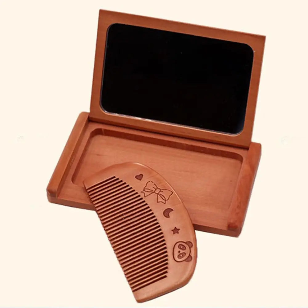 Durable 2 in 1 Wooden Comb Mirror Set Mini Peachwood Makeup Mirror Rectangle Vintage Foldable Pocket Mirror Girl Lady