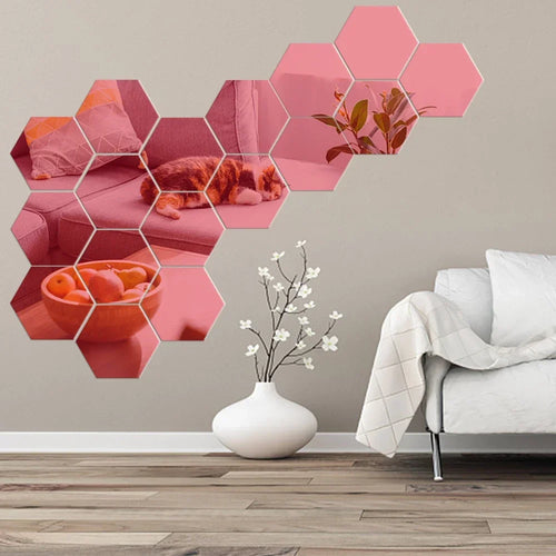 12pcs 3D Hexagon Mirror Wall Sticker Rose Gold DIY TV Background Living Room Stickers Wall Decor Bedroom Bathroom Home Decor