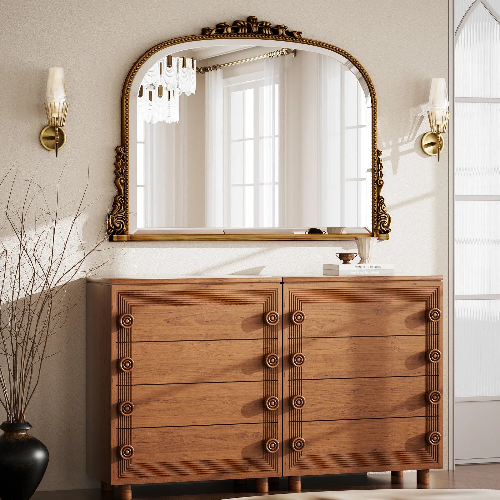 BEAUTYPEAK Arched Vanity Mirror Vintage Decor Mirror Wall Mounted Personal Care Mirror Beauty Shower Mirror