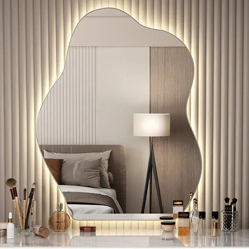 LED Mirror Vanity Wall Mounted Dimmable Touch Sensor Lighted Mirror for Living Room Modern Aesthetic Unique Design Home Decor