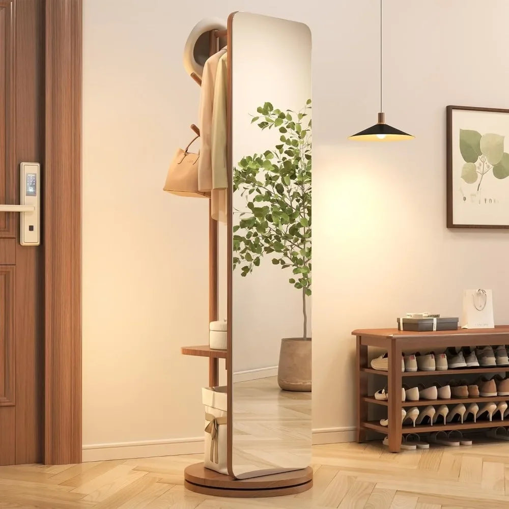 70"x16"Full Length Mirror W Stand,Coat Rack with Mirror,Solid Wood Floor Mirror,Swivel Mirrorfor Bedroom,Living Room,Cloakroom