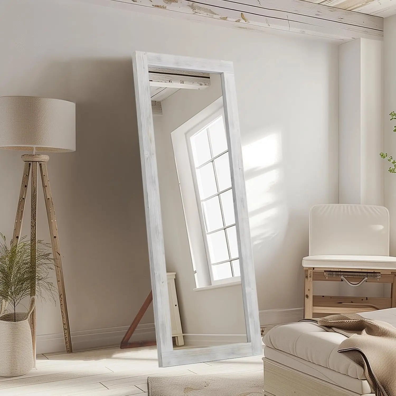Rustic Farmhouse Full Length Mirror, 64"x21" Wood Frame Floor Mirror, Free Standing Mirror Leaning Hanging Mirror, Long Mirror