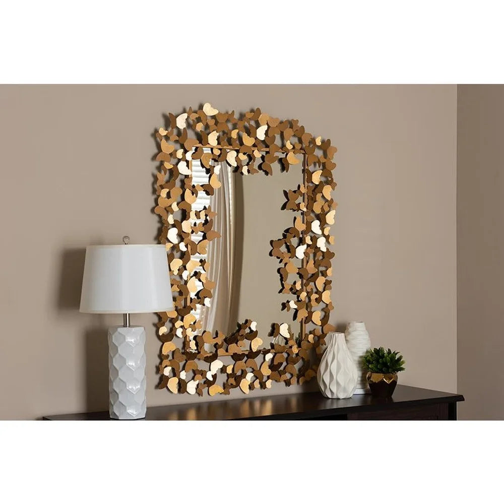 Antique Gold Butterfly Wall Mirror Accent Decor Rectangular Metal Home Decoration Wall Mountable Fully Assembled Ideal Living