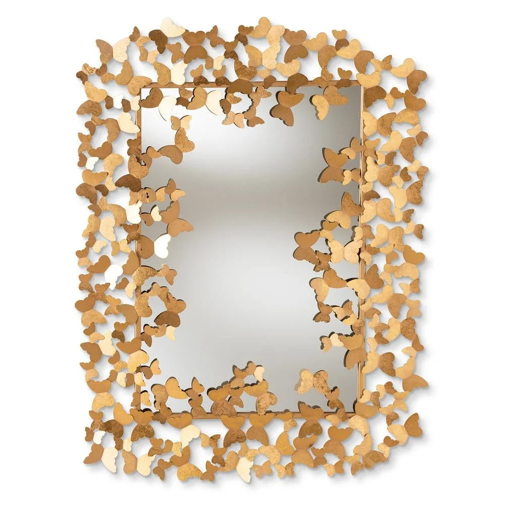 Antique Gold Butterfly Wall Mirror Accent Decor Rectangular Metal Home Decoration Wall Mountable Fully Assembled Ideal Living