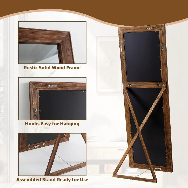Rustic Farmhouse Full Length Mirror, 64"x21" Wood Frame Floor Mirror, Free Standing Mirror Leaning Hanging Mirror, Long Mirror