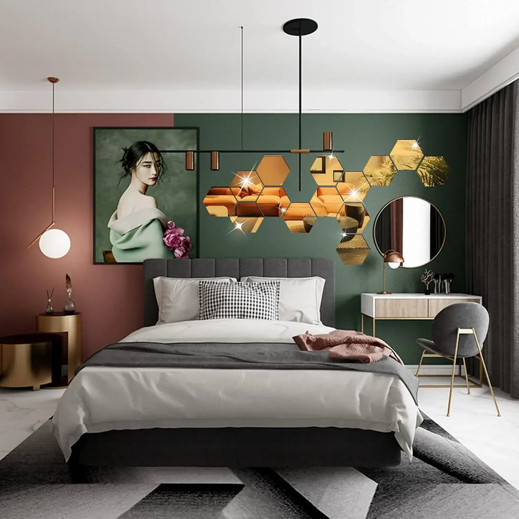 12pcs 3D Hexagon Mirror Wall Sticker Rose Gold DIY TV Background Living Room Stickers Wall Decor Bedroom Bathroom Home Decor