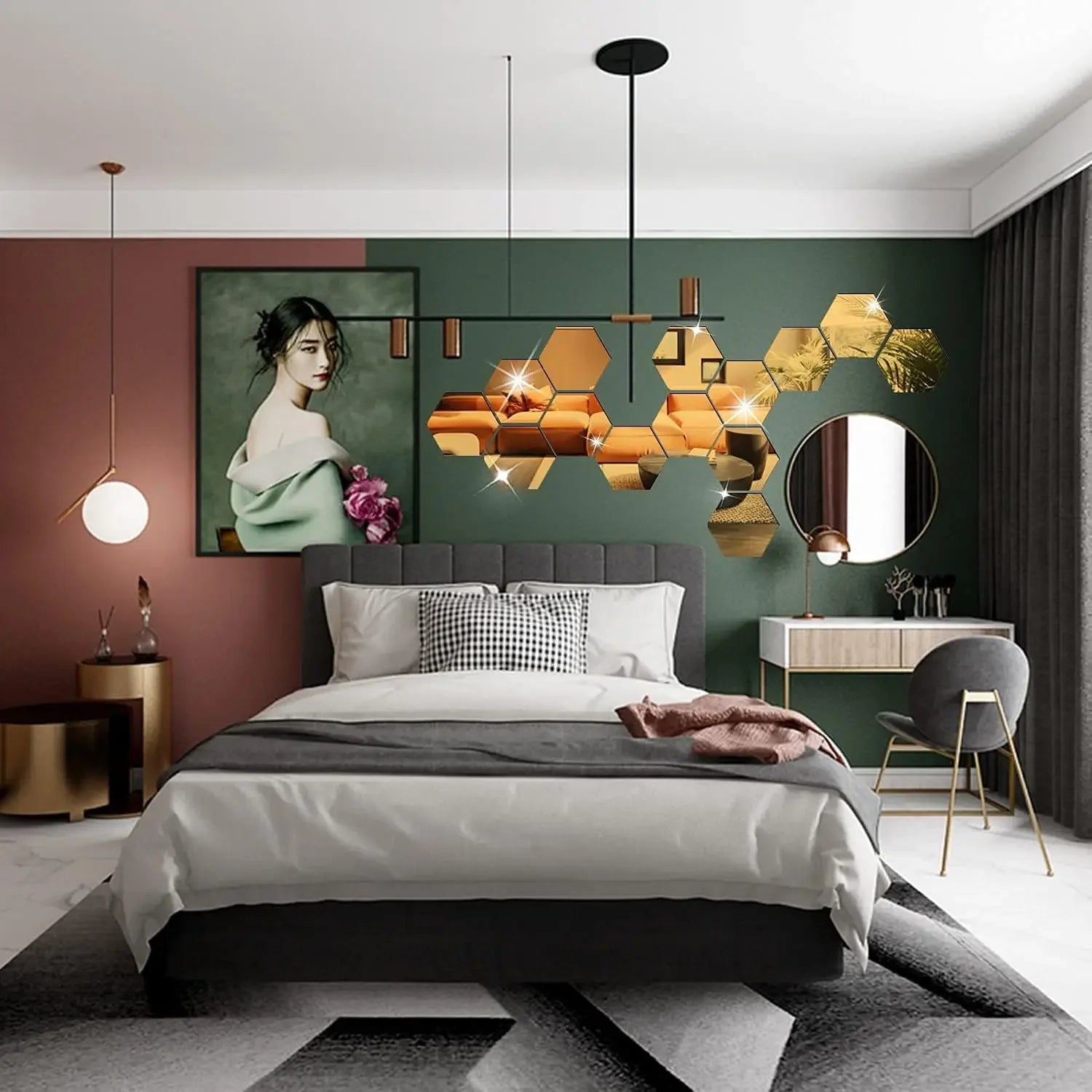 12pcs 3D Hexagon Mirror Wall Sticker Rose Gold DIY TV Background Living Room Stickers Wall Decor Bedroom Bathroom Home Decor
