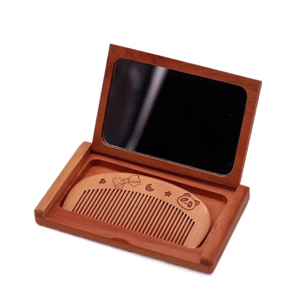Durable 2 in 1 Wooden Comb Mirror Set Mini Peachwood Makeup Mirror Rectangle Vintage Foldable Pocket Mirror Girl Lady