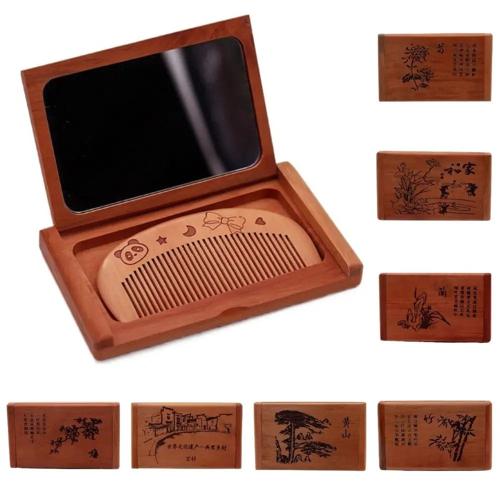 Durable 2 in 1 Wooden Comb Mirror Set Mini Peachwood Makeup Mirror Rectangle Vintage Foldable Pocket Mirror Girl Lady