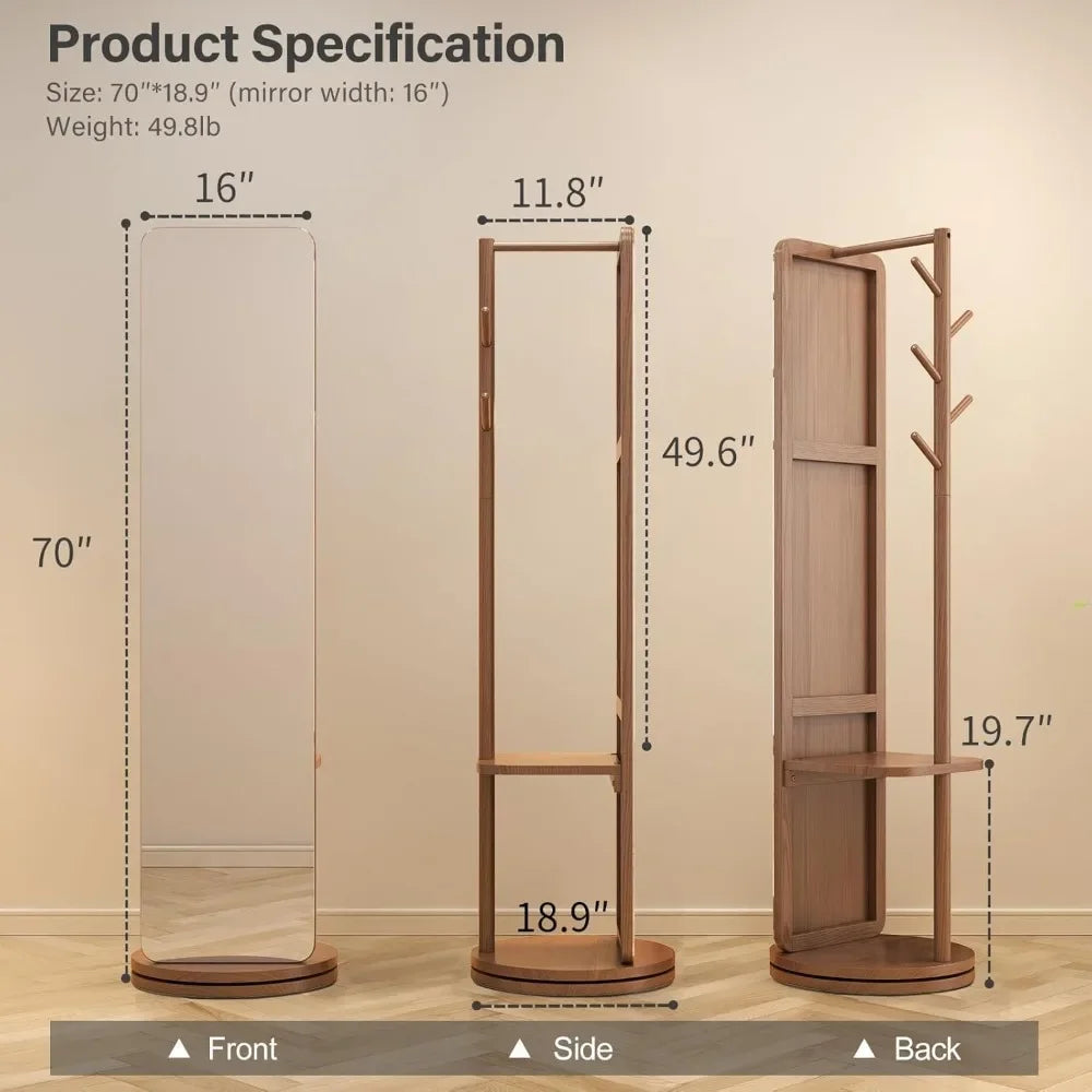 70"x16"Full Length Mirror W Stand,Coat Rack with Mirror,Solid Wood Floor Mirror,Swivel Mirrorfor Bedroom,Living Room,Cloakroom
