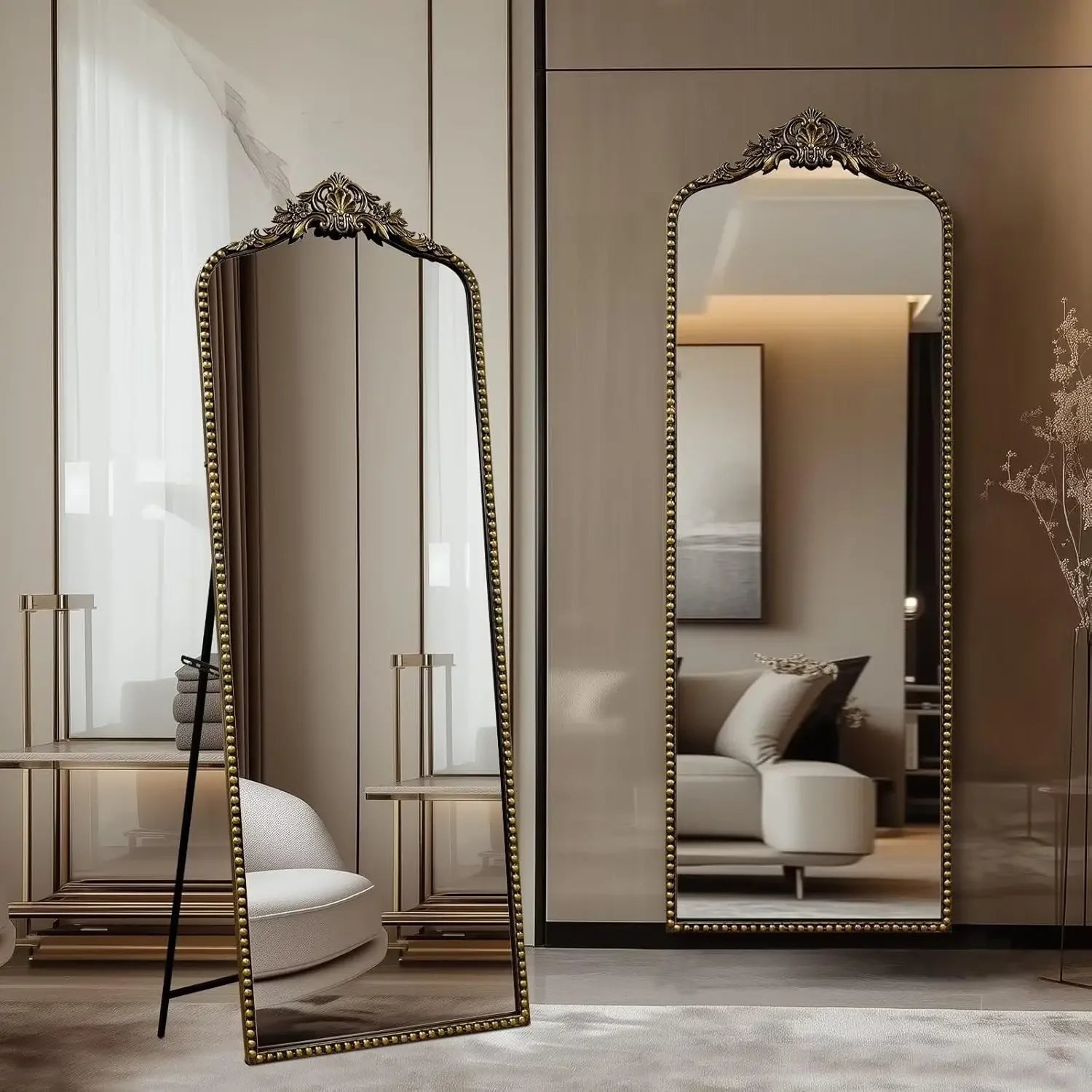 Antique Vintage Ornate Baroque Full Length Floor Mirror, Thick Glass Heavy Duty Full Body Mirror w/Free Standing, Wall-Mounted