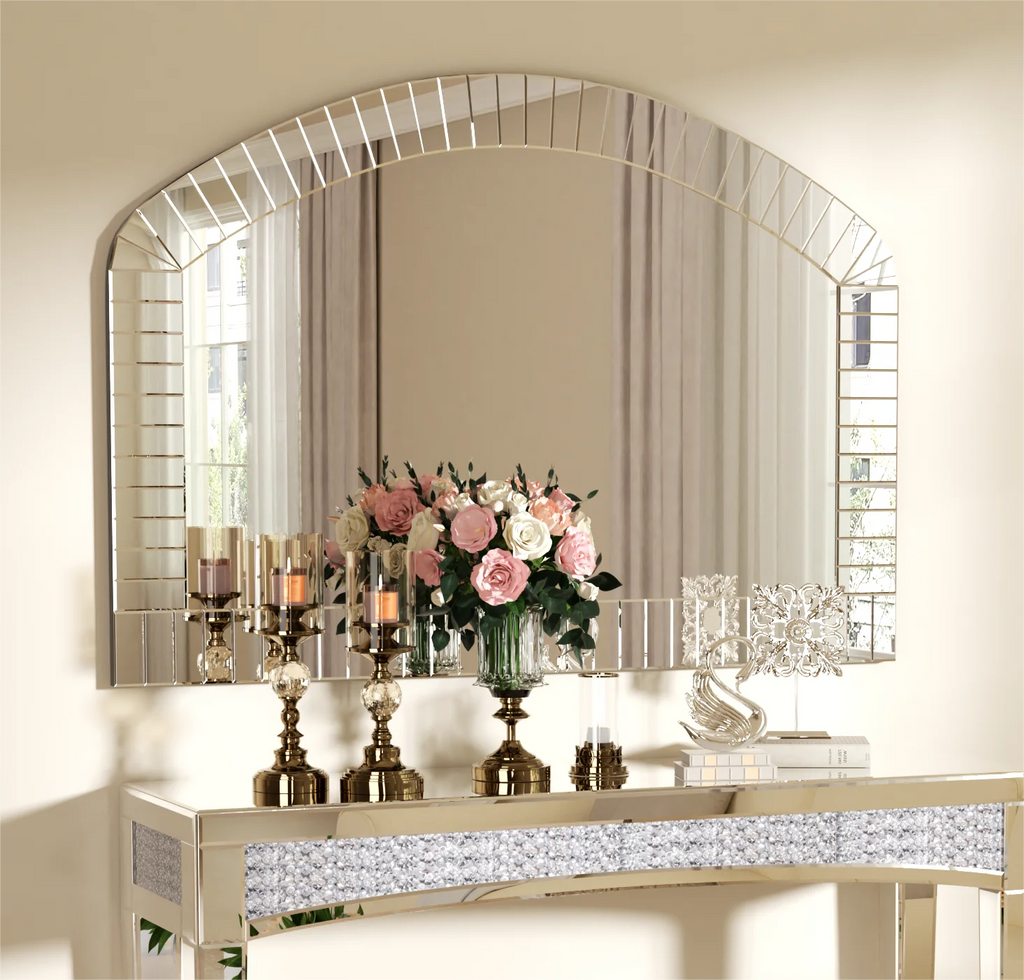 Large Silver Arched Wall Mirror, Silver Glass, Decorative Venetian Accent Mirror, Home Living Room Decor, Bling Beveled Edge