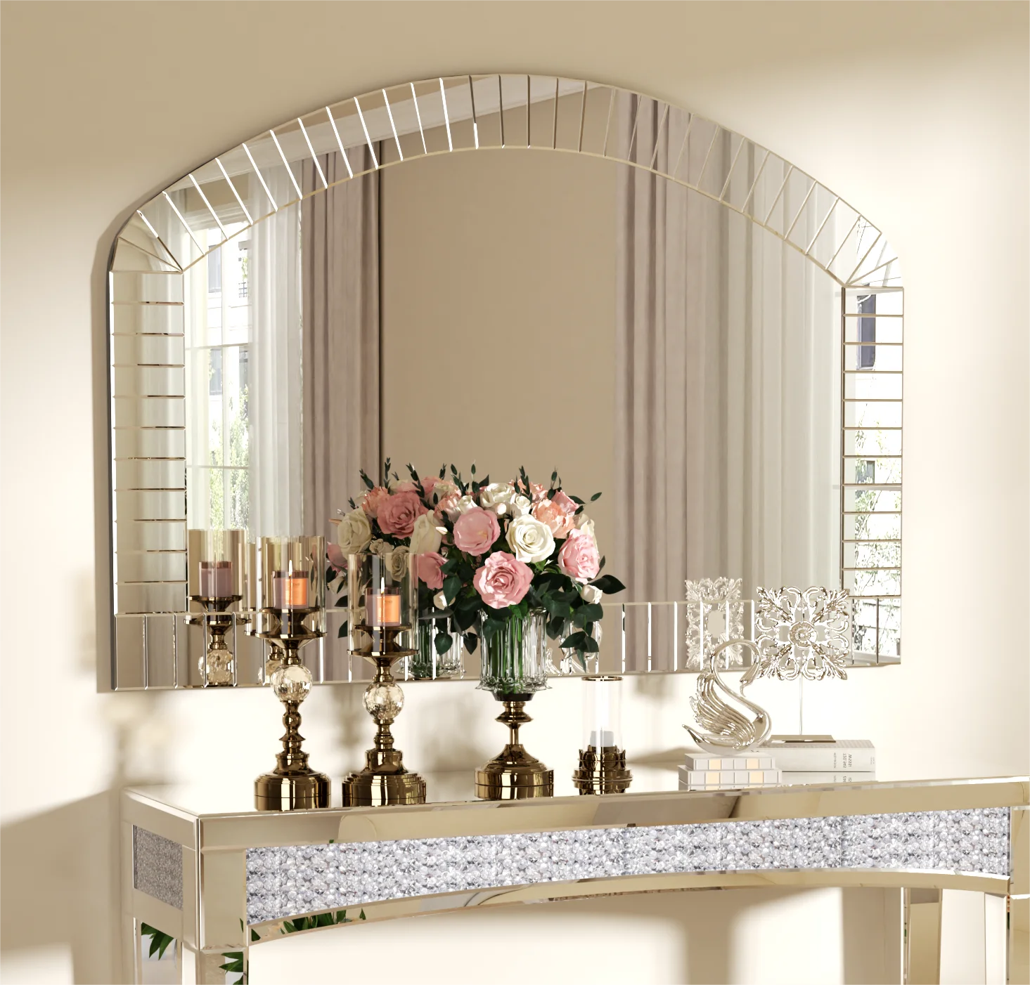 Large Silver Arched Wall Mirror, Silver Glass, Decorative Venetian Accent Mirror, Home Living Room Decor, Bling Beveled Edge