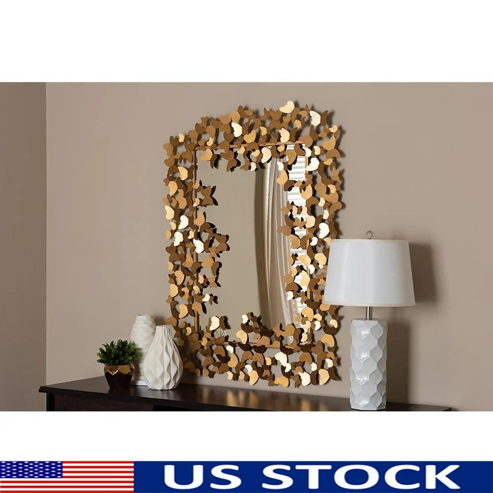 Antique Gold Butterfly Wall Mirror Accent Decor Rectangular Metal Home Decoration Wall Mountable Fully Assembled Ideal Living