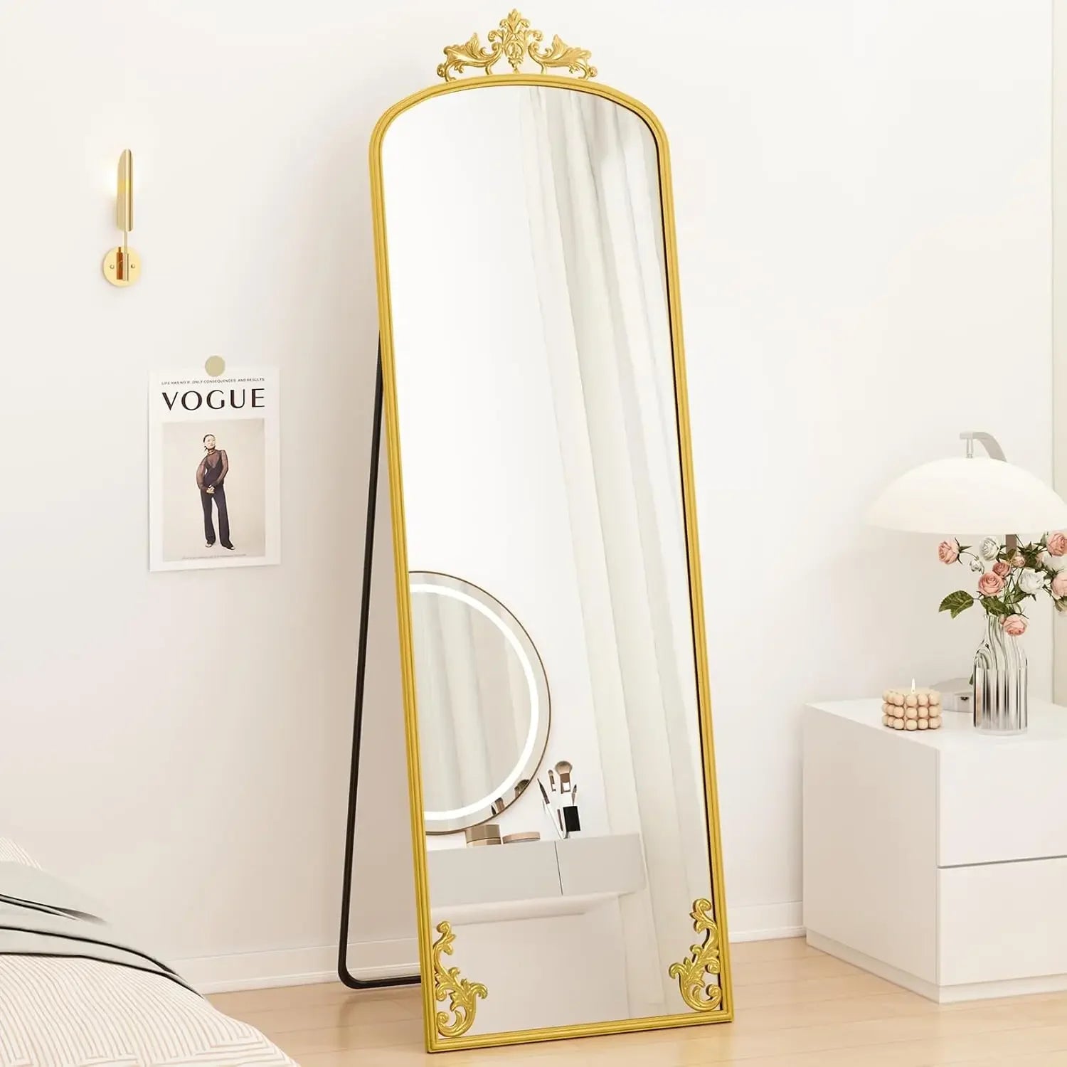 Arched Mirror Full Length with Stand, 65" x 21" Black Floor Length Mirror with Carved Metal Frame, Full Body Wall Mirror