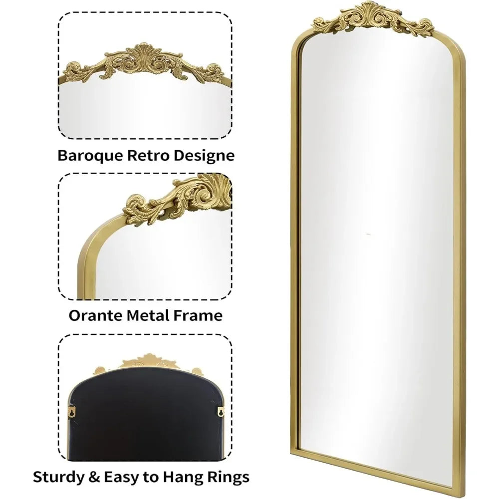 Vintage Gold Antique Arched Full Length Floor Mirror 22"X65",Traditional Elegant Baroque Floor Body Mirror with Ornate Matel