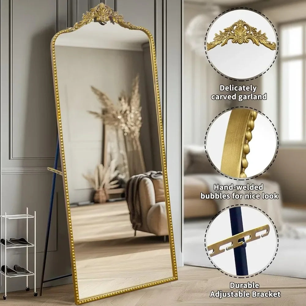 Antique Vintage Ornate Baroque Full Length Floor Mirror, Thick Glass Heavy Duty Full Body Mirror w/Free Standing, Wall-Mounted
