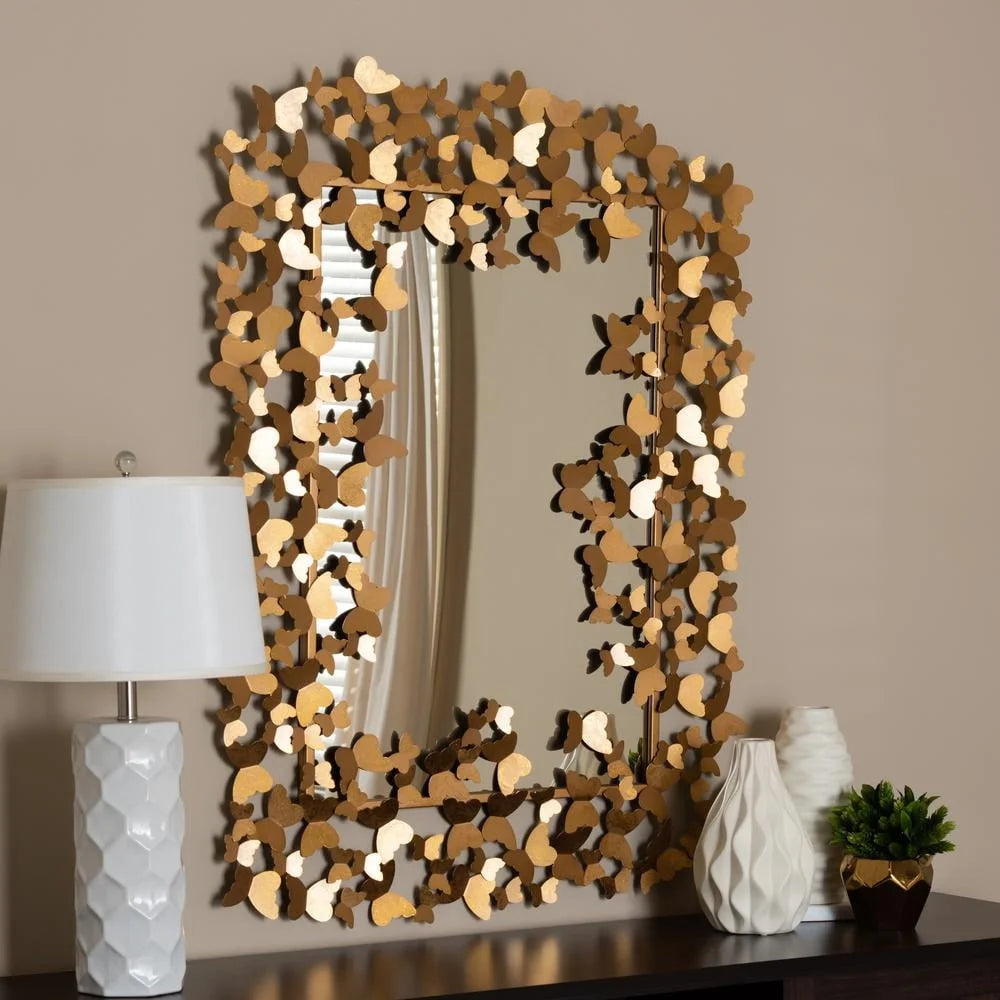 Antique Gold Butterfly Wall Mirror Accent Decor Rectangular Metal Home Decoration Wall Mountable Fully Assembled Ideal Living