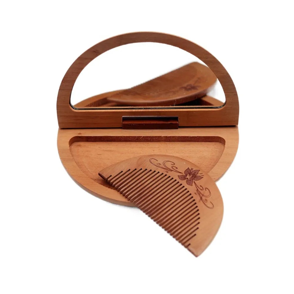 Durable 2 in 1 Wooden Comb Mirror Set Mini Peachwood Makeup Mirror Rectangle Vintage Foldable Pocket Mirror Girl Lady