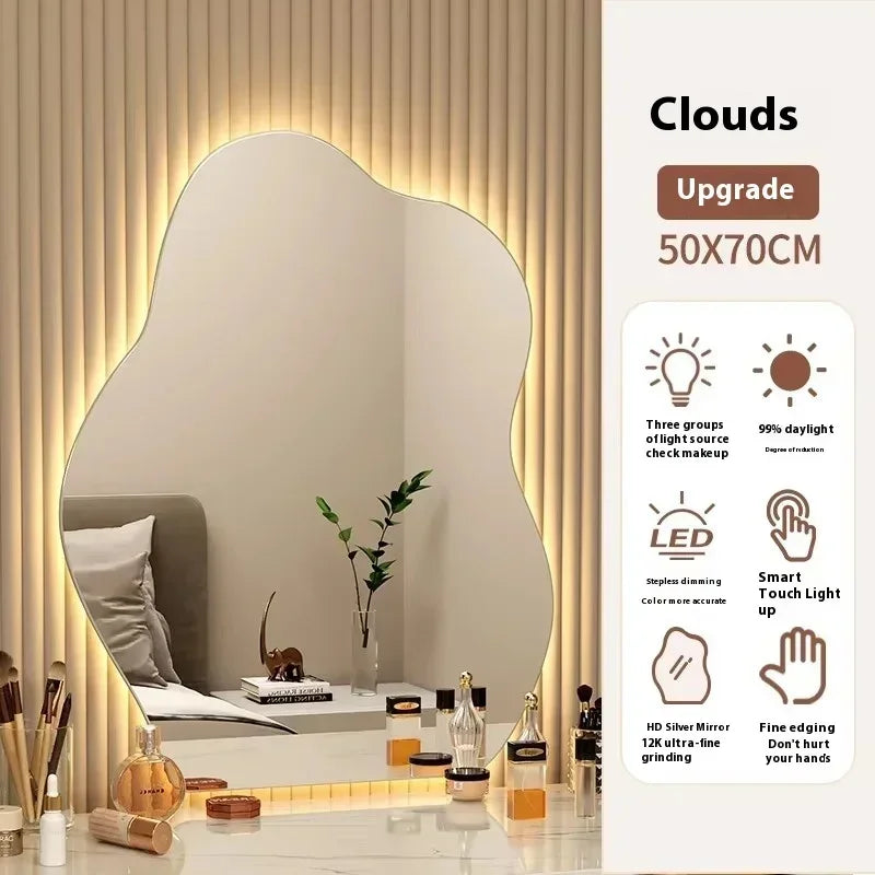Nordic Irregular LED Mirror Bathroom Wall Living Room Small Light Aesthetic Funky Mirror Bedroom Minimalist Lustro Home Decor