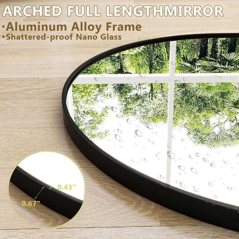 Oversized Full-Body Mirror, 76"x34" Arched Full-Length Mirror, Black Metal Frame, Floor Mirror for Bedroom, Living/Dressing Room