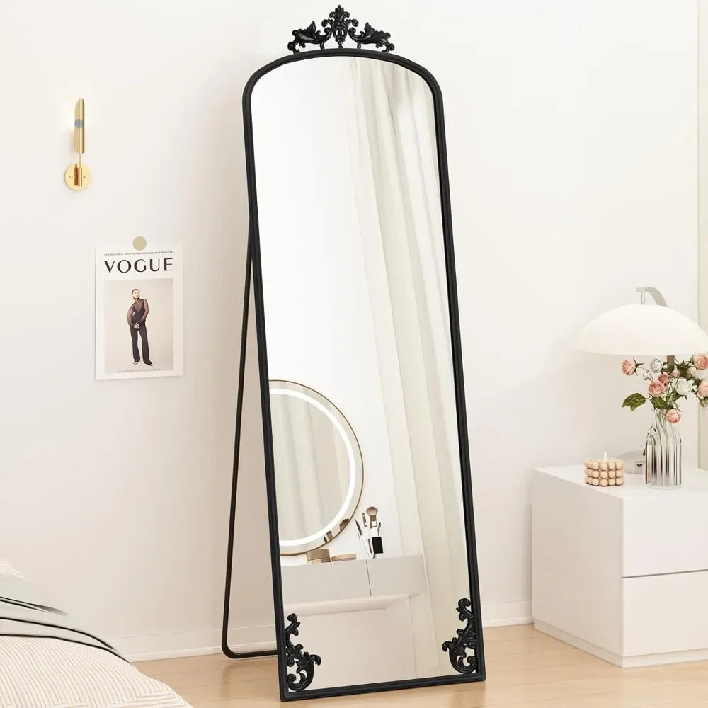 Arched Mirror Full Length with Stand, 65" x 21" Black Floor Length Mirror with Carved Metal Frame, Full Body Wall Mirror