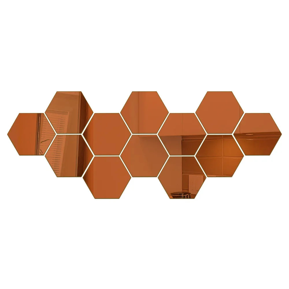 12pcs 3D Hexagon Mirror Wall Sticker Rose Gold DIY TV Background Living Room Stickers Wall Decor Bedroom Bathroom Home Decor
