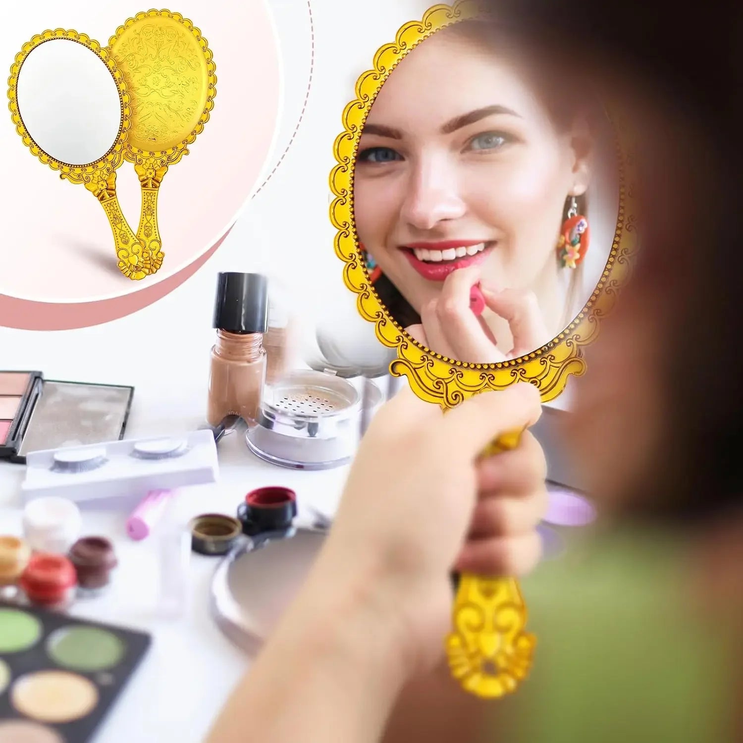 12 Pcs Vintage Handheld Mirror, 9.8" L x 4.5" W Small Gold Embossed Mirror Portable Cute Princess Mirrors Compact Travel Mirror
