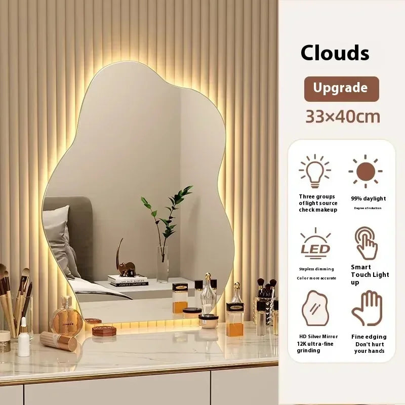 Nordic Irregular LED Mirror Bathroom Wall Living Room Small Light Aesthetic Funky Mirror Bedroom Minimalist Lustro Home Decor